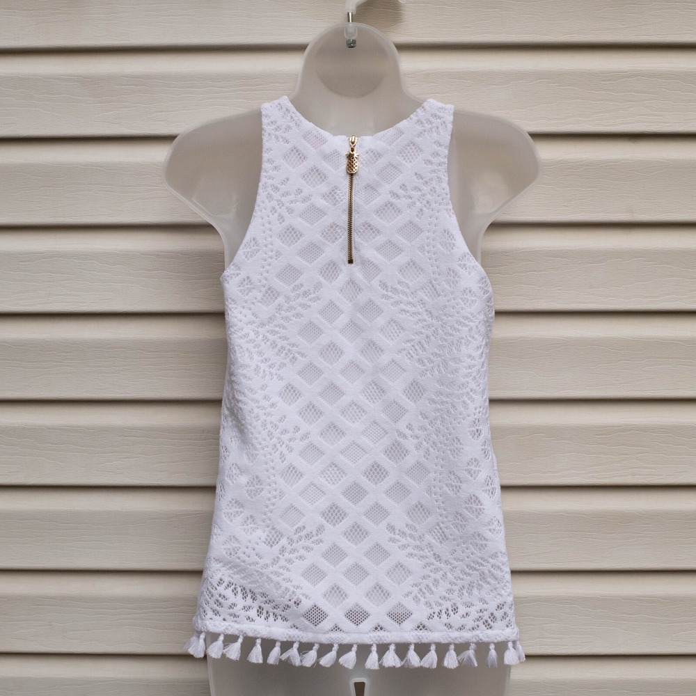 Lilly Pulitzer Rayanne Top XS‎ White Lace Tassel Hem Pineapple Zip Coastal